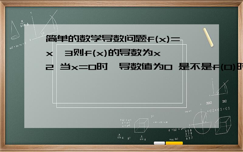 简单的数学导数问题f(x)=x^3则f(x)的导数为x^2 当x=0时,导数值为0 是不是f(0)时,切线的斜率为零 可是f(x)=x^3在R上单调递增 斜率怎么可能为零呢. 当斜率为零时,应该有递增,递减区间的,不是吗当斜