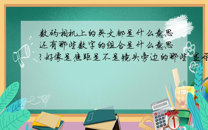 数码相机上的英文都是什么意思还有那些数字的组合是什么意思?好像是焦距是不是镜头旁边的那些 显示焦距的那些字幕和数字的组合