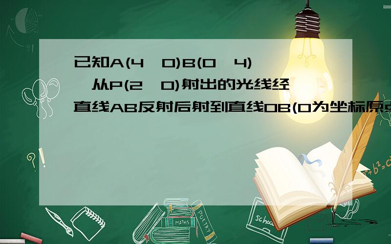 已知A(4,0)B(0,4),从P(2,0)射出的光线经直线AB反射后射到直线OB(O为坐标原点)上,最后经直线OB反射后又...已知A(4,0)B(0,4),从P(2,0)射出的光线经直线AB反射后射到直线OB(O为坐标原点)上,最后经直线OB反