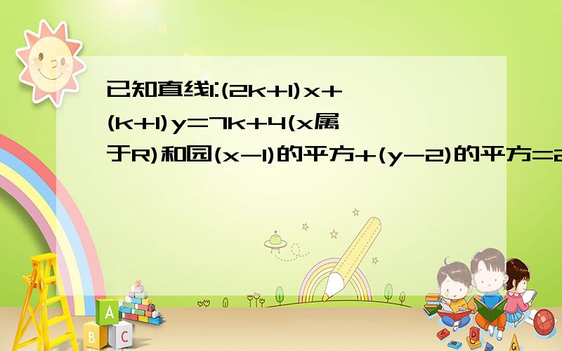 已知直线l:(2k+1)x+(k+1)y=7k+4(x属于R)和园(x-1)的平方+(y-2)的平方=25求证(1)直线横过定点（3,1）（2）对任何实数,直线l与c恒相交于不同的两点；（3）求l被园C截得的线段的最短长度及相应的k的值