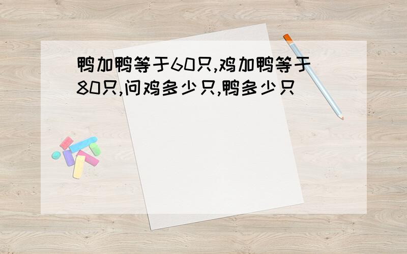 鸭加鸭等于60只,鸡加鸭等于80只,问鸡多少只,鸭多少只