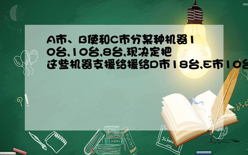 A市、B使和C市分某种机器10台,10台,8台,现决定把这些机器支援给援给D市18台,E市10台,已知从A市调运一台机器到D市,E市的运费分别为200远和800远；从B市调运一台机器到D市、E市的运费分别为300