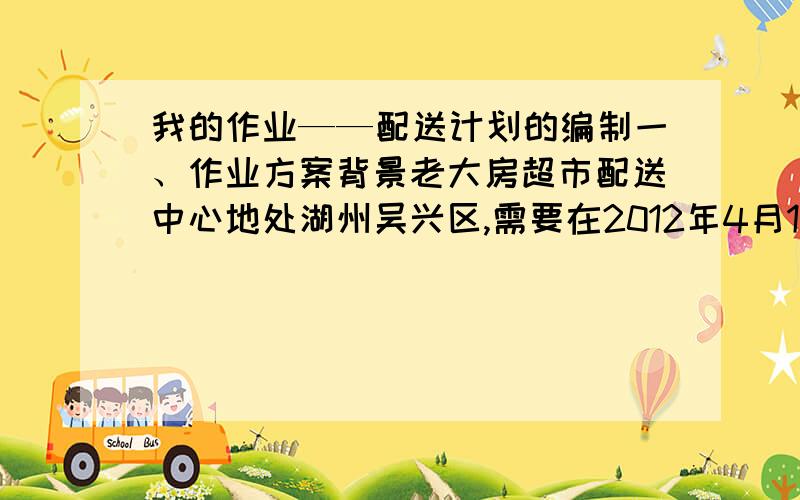 我的作业——配送计划的编制一、作业方案背景老大房超市配送中心地处湖州吴兴区,需要在2012年4月15日为吴兴区的3个客户配送商品,配送商品的品名、规格、数量及时间要求如表7.1所示.3个