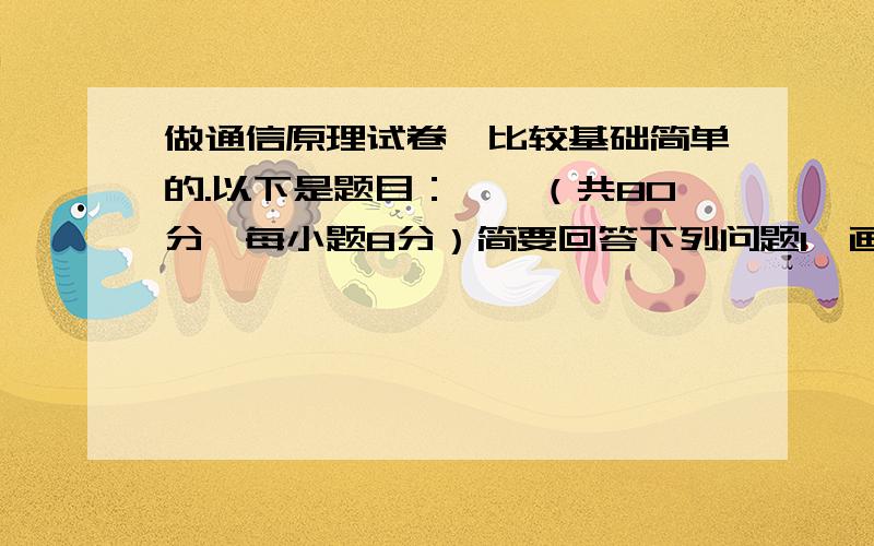 做通信原理试卷,比较基础简单的.以下是题目：一、（共80分,每小题8分）简要回答下列问题1、画出通信系统的一般组成模型,并指出通信系统的主要性能指标是什么.2、举例说明什么是恒参信