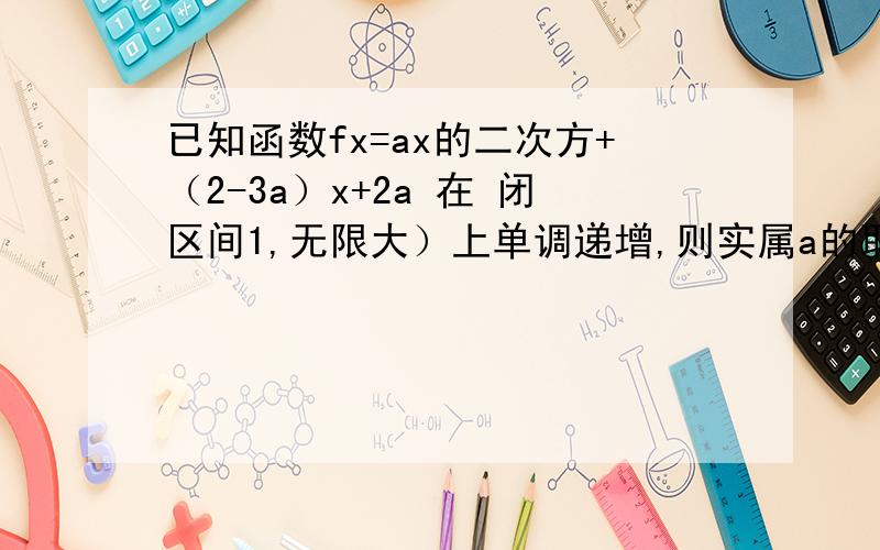 已知函数fx=ax的二次方+（2-3a）x+2a 在 闭区间1,无限大）上单调递增,则实属a的取值范围是A (0.1) B(0.1闭区间C闭0.1闭 D闭1.正无穷求讲解