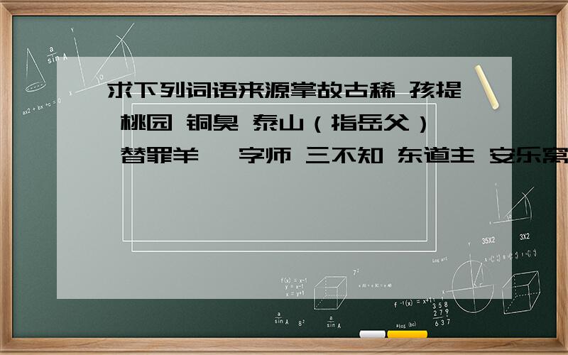 求下列词语来源掌故古稀 孩提 桃园 铜臭 泰山（指岳父） 替罪羊 一字师 三不知 东道主 安乐窝 一言堂 刘海儿 乔迁 问津 推敲 点睛 断肠 下榻 蛊惑 斗胆 端倪 狼藉 雷同 斟酌 墨守 杜撰 拍