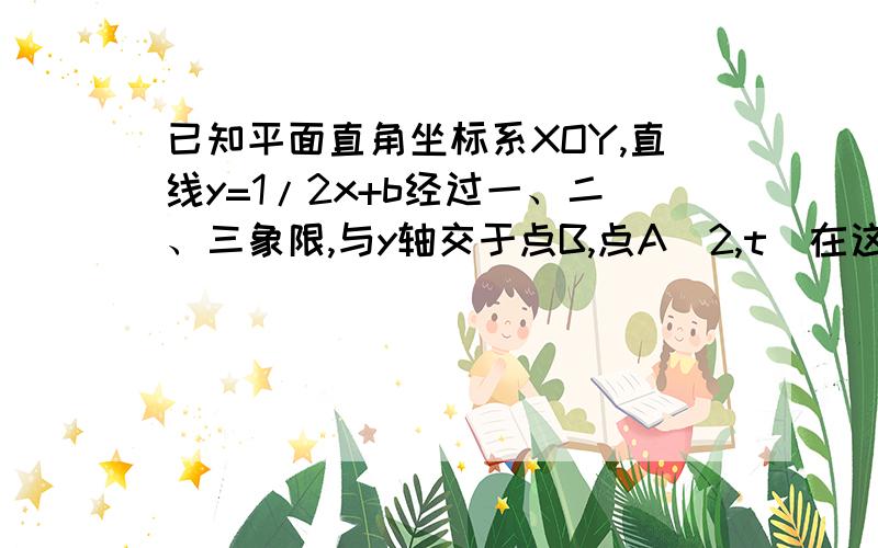 已知平面直角坐标系XOY,直线y=1/2x+b经过一、二、三象限,与y轴交于点B,点A(2,t)在这条直线上,连接AO三角形AOB的面积等于1（1）求b的值