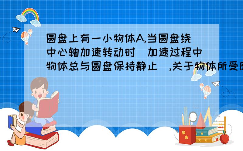 圆盘上有一小物体A,当圆盘绕中心轴加速转动时(加速过程中物体总与圆盘保持静止),关于物体所受摩擦力,下图中可能正确的是