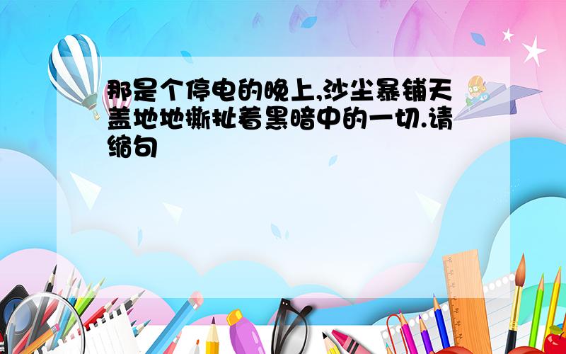 那是个停电的晚上,沙尘暴铺天盖地地撕扯着黑暗中的一切.请缩句