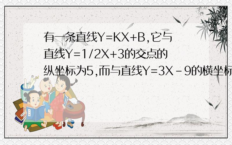 有一条直线Y=KX+B,它与直线Y=1/2X+3的交点的纵坐标为5,而与直线Y=3X-9的横坐标也是5,求该直线与两坐标轴围成的三角形的面积.还有,请问遇到此类题的解题思路是什么?