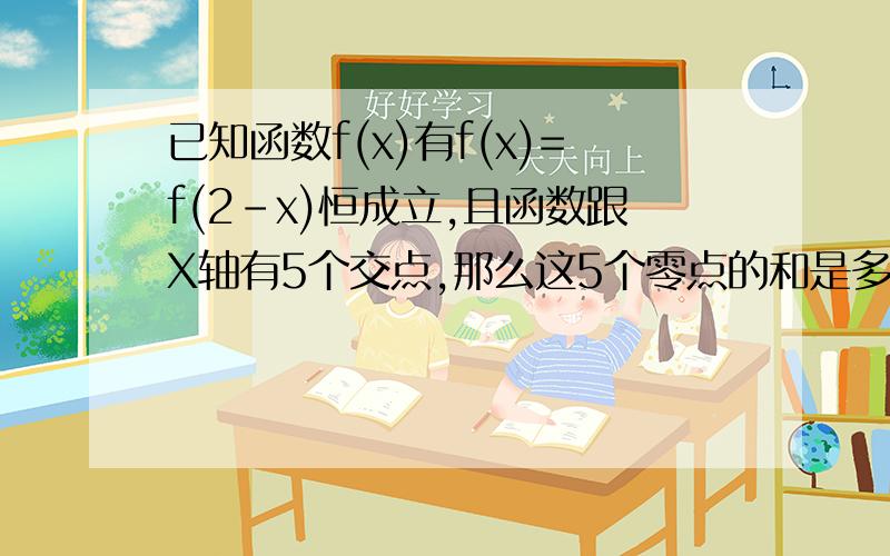 已知函数f(x)有f(x)=f(2-x)恒成立,且函数跟X轴有5个交点,那么这5个零点的和是多少