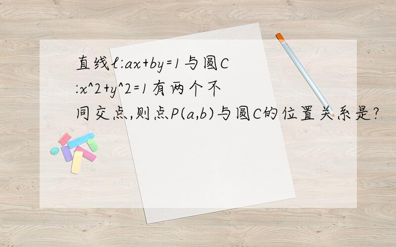 直线l:ax+by=1与圆C:x^2+y^2=1有两个不同交点,则点P(a,b)与圆C的位置关系是?