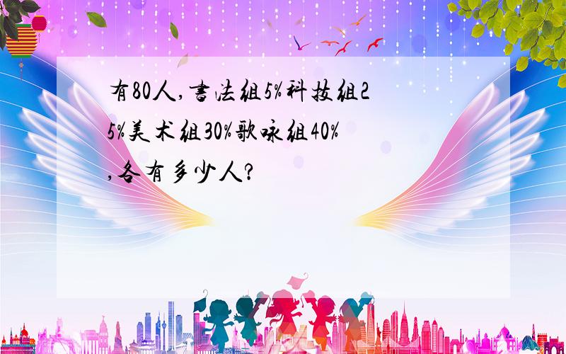 有80人,书法组5%科技组25%美术组30%歌咏组40%,各有多少人?