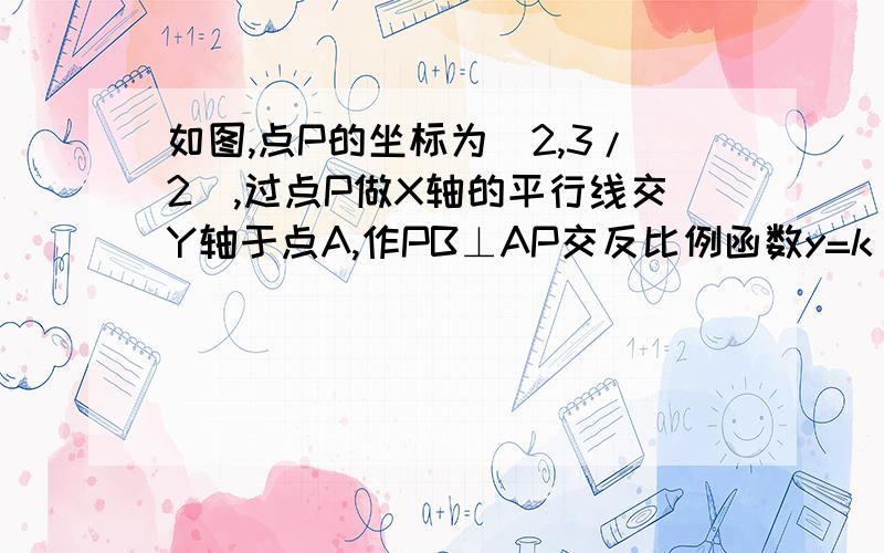 如图,点P的坐标为(2,3/2),过点P做X轴的平行线交Y轴于点A,作PB⊥AP交反比例函数y=k/x(x>0)于点B,连接AB.已知tan∠BAP=3/2.(1)求K的值.(2)求直线AB的解析式.