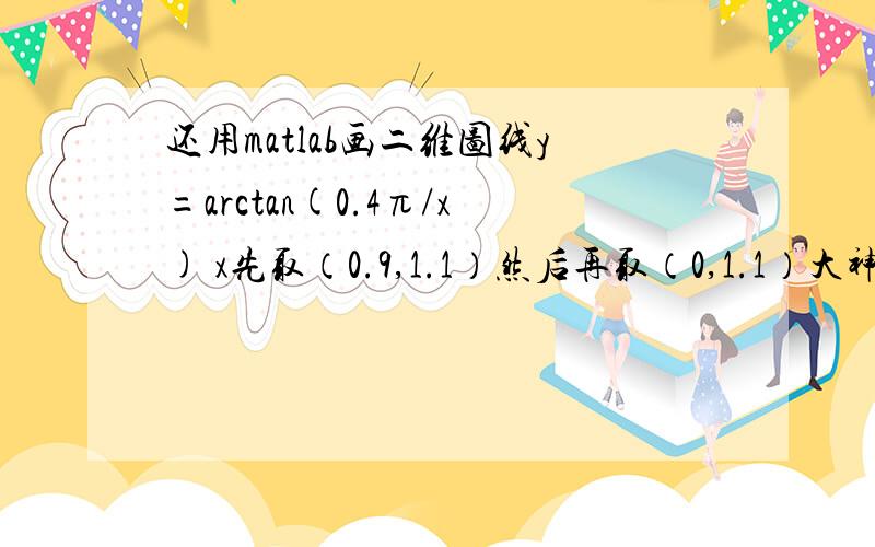 还用matlab画二维图线y=arctan(0.4π/x) x先取（0.9,1.1）然后再取（0,1.1）大神 跪谢