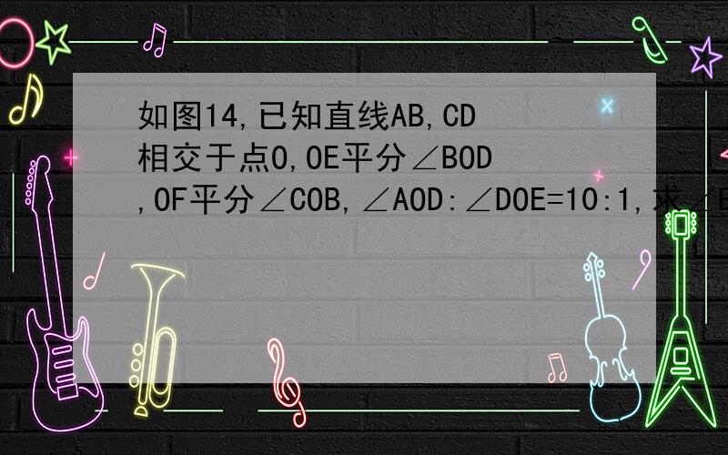 如图14,已知直线AB,CD相交于点O,OE平分∠BOD,OF平分∠COB,∠AOD:∠DOE=10:1,求∠BOF的度数