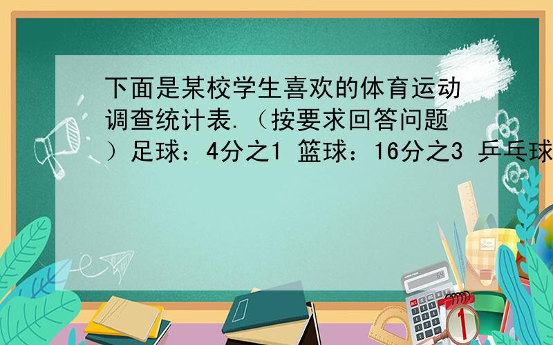 下面是某校学生喜欢的体育运动调查统计表.（按要求回答问题）足球：4分之1 篮球：16分之3 乒乓球：32分之4 跳绳：8分之3 踢毽子：16分之1（1）喜欢三种球类运动的人数占总人数的几分之几