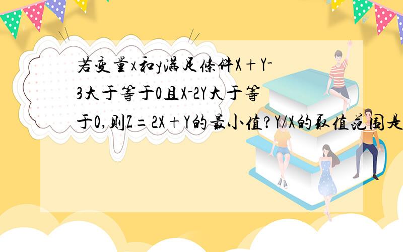 若变量x和y满足条件X+Y-3大于等于0且X-2Y大于等于0,则Z=2X+Y的最小值?Y/X的取值范围是?