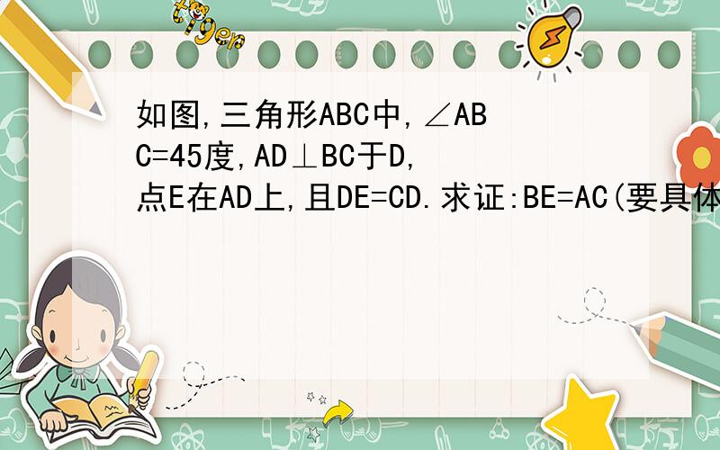 如图,三角形ABC中,∠ABC=45度,AD⊥BC于D,点E在AD上,且DE=CD.求证:BE=AC(要具体证明过程)