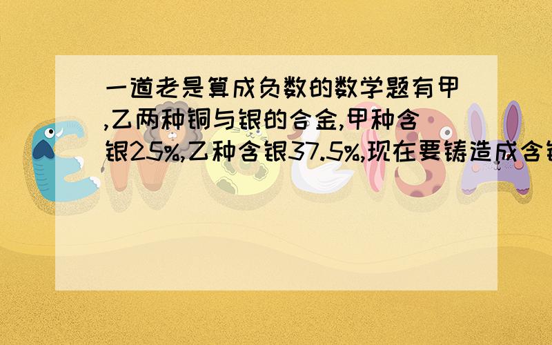 一道老是算成负数的数学题有甲,乙两种铜与银的合金,甲种含银25%,乙种含银37.5%,现在要铸造成含银30%的合金100kg,两种合金各应取多少呢?我列的方程组 x+y=100 25%x+37.5%y=30%算出的是负的,我会追