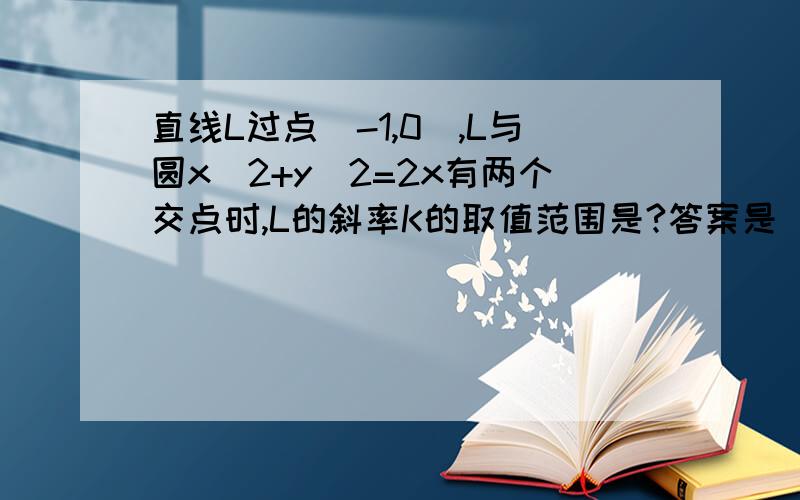 直线L过点(-1,0),L与圆x^2+y^2=2x有两个交点时,L的斜率K的取值范围是?答案是(负三分之根号三,三分之根号三)求详细过程,