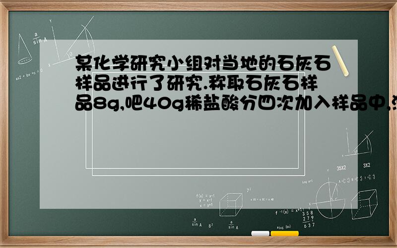 某化学研究小组对当地的石灰石样品进行了研究.称取石灰石样品8g,吧40g稀盐酸分四次加入样品中,测得实验数据见下表（假设石灰石样品中杂质不溶于水,不与盐酸反应,二氧化碳不溶解）.（1