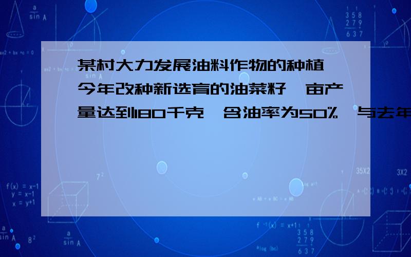 某村大力发展油料作物的种植,今年改种新选育的油菜籽,亩产量达到180千克,含油率为50%,与去年相比,亩产量提高了20千克,含油率提高了10个百分点,并且种植面积减少了44亩,设去年油菜种植面