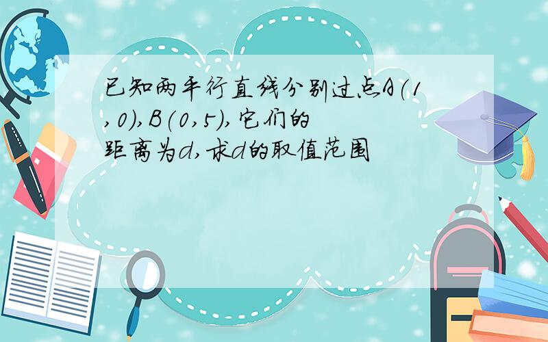 已知两平行直线分别过点A(1,0),B(0,5),它们的距离为d,求d的取值范围