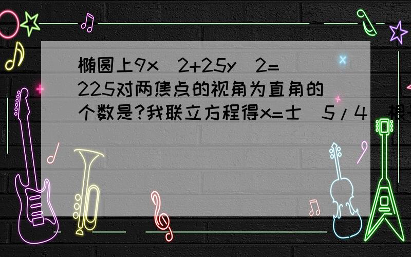 椭圆上9x^2+25y^2=225对两焦点的视角为直角的个数是?我联立方程得x=士(5/4)根号7,但用焦半径公式得y=士(5/4)根号7.这究竟怎么回事?我知道最后是4,但 我联立方程得x=士(5/4)根号7,但用焦半径公式得