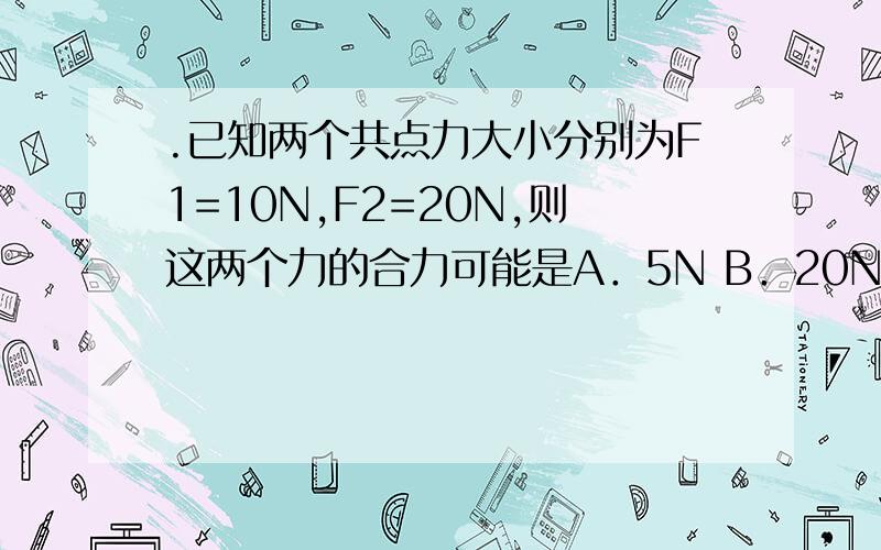 .已知两个共点力大小分别为F1=10N,F2=20N,则这两个力的合力可能是A．5N B．20N C．35N D．40N