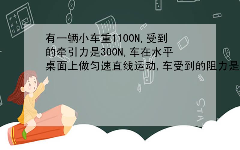 有一辆小车重1100N,受到的牵引力是300N,车在水平桌面上做匀速直线运动,车受到的阻力是?支持力是?