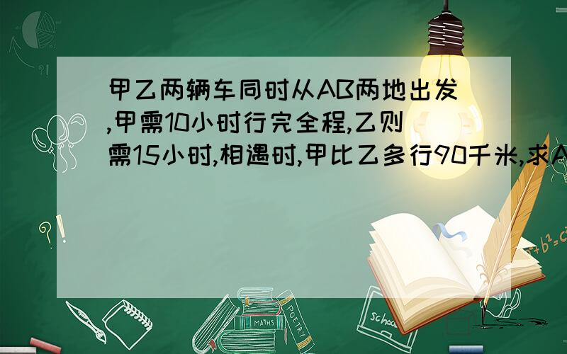 甲乙两辆车同时从AB两地出发,甲需10小时行完全程,乙则需15小时,相遇时,甲比乙多行90千米,求AB两地距