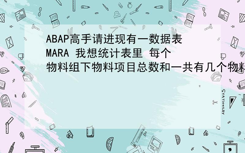 ABAP高手请进现有一数据表MARA 我想统计表里 每个物料组下物料项目总数和一共有几个物料组 输出时如：物料组 物料号码A 111123321B 222213312C 333______________3 7二楼的方法好像不行 ,物料组字段（