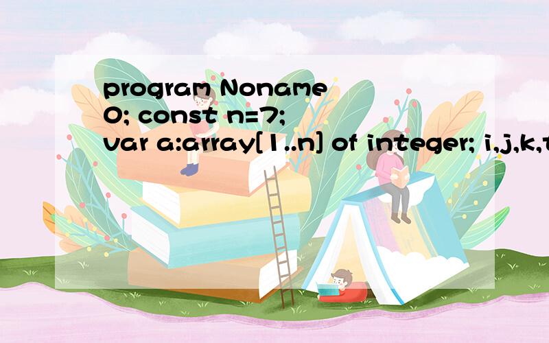 program Noname0; const n=7; var a:array[1..n] of integer; i,j,k,t:integer; begin write('ggg'); for program Noname0;const n=7;var a:array[1..n] of integer;i,j,k,t:integer;beginwrite('ggg');for i:=1 to n do read(a[i]);for i:=1 to n-1 dofor j:=n downto