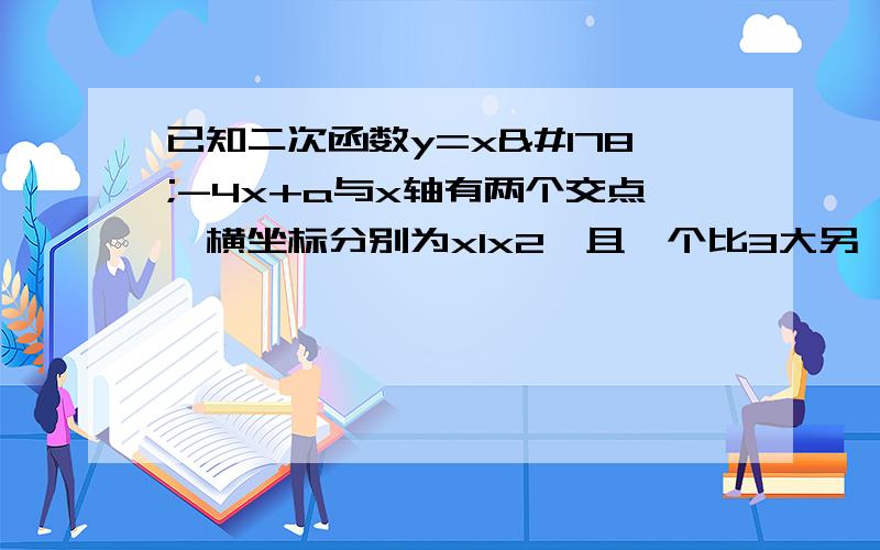 已知二次函数y=x²-4x+a与x轴有两个交点,横坐标分别为x1x2,且一个比3大另一个比3小,求实数a的取值范围.