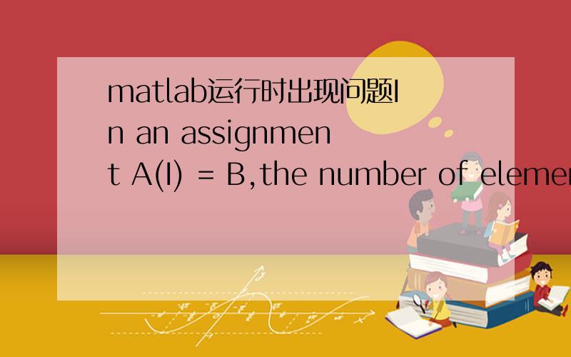 matlab运行时出现问题In an assignment A(I) = B,the number of elements in B and I must be the same.下面是我的程序clear all;close all;N=8; %阵元数M=3; %信号源数f=0.15*10^8;c=3.0*10^8;lmda=c/f;d=lmda/2; %阵元间距SNR=15;kp=200;sit