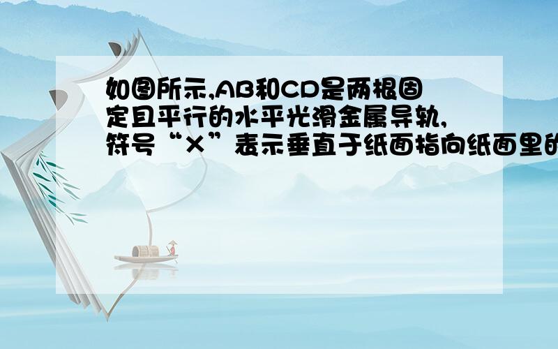 如图所示,AB和CD是两根固定且平行的水平光滑金属导轨,符号“×”表示垂直于纸面指向纸面里的磁场的磁感线．现将铜棒EF和GH垂直放在滑轨上,并与金属导轨接触良好；当外力拉动GH使其向左