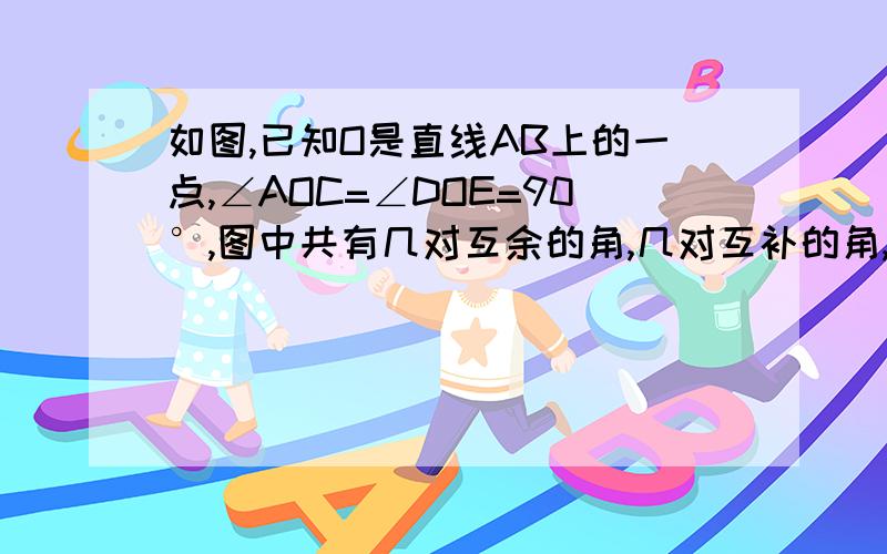 如图,已知O是直线AB上的一点,∠AOC=∠DOE=90°,图中共有几对互余的角,几对互补的角,请一一写出来