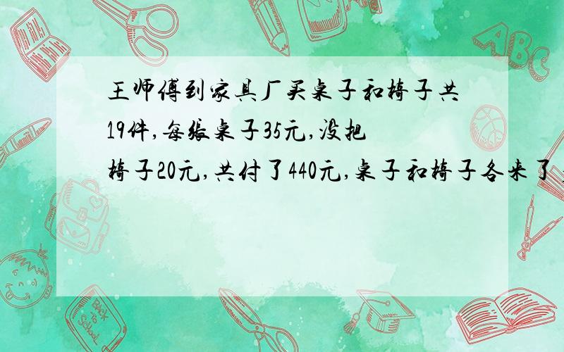 王师傅到家具厂买桌子和椅子共19件,每张桌子35元,没把椅子20元,共付了440元,桌子和椅子各来了多少件用算术方法解答!