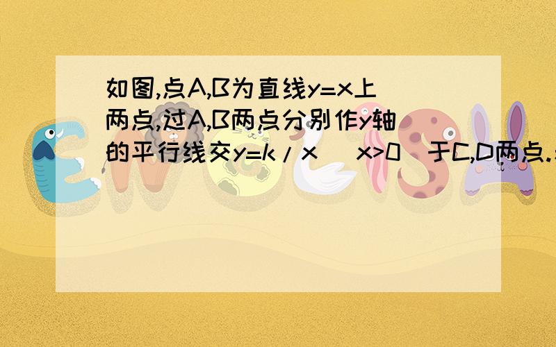 如图,点A,B为直线y=x上两点,过A,B两点分别作y轴的平行线交y=k/x (x>0)于C,D两点.若BD=3AC,9OC^2-OD^2=6,求k的值