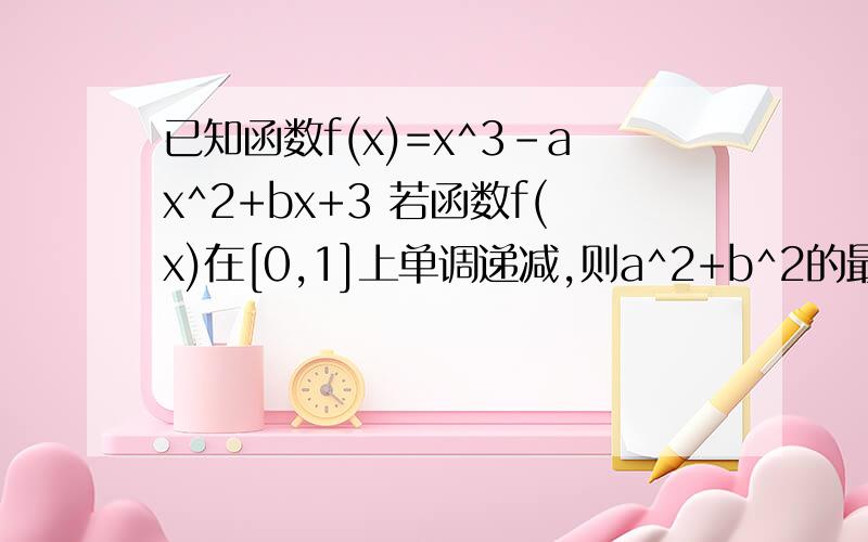 已知函数f(x)=x^3-ax^2+bx+3 若函数f(x)在[0,1]上单调递减,则a^2+b^2的最小值为____f(x)=x^3+ax^2+bx+c在区间[0,1]上是单调递减函数,则f′(x)=3x^2+2ax+b在区间[0,1]上恒小于等于0,画出二次函数3x^2+2ax+b的图像,可