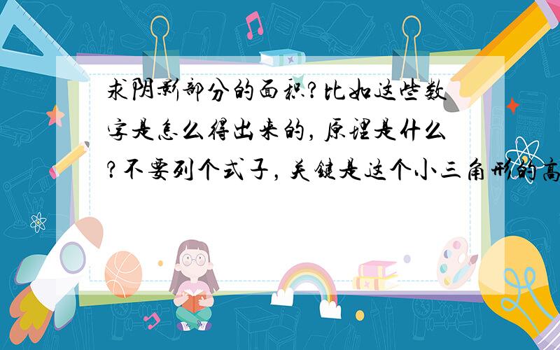 求阴影部分的面积?比如这些数字是怎么得出来的，原理是什么？不要列个式子，关键是这个小三角形的高是怎么得出来的。请问，(3-x)/3=x/5是怎么得出来的？