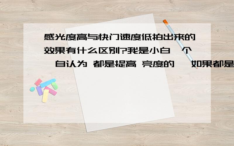 感光度高与快门速度低拍出来的效果有什么区别?我是小白一个  自认为 都是提高 亮度的   如果都是提高亮度的 那么提高感光度好了 把快门调低还得需要架  高手们没见笑···  忘达人们指