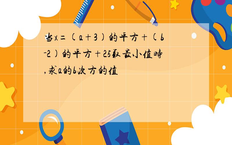 当x=(a+3)的平方+(b-2)的平方+25取最小值时,求a的b次方的值