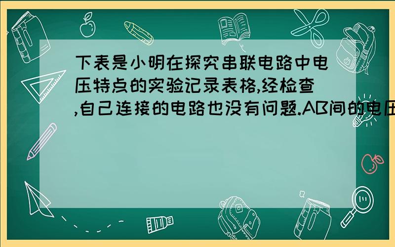 下表是小明在探究串联电路中电压特点的实验记录表格,经检查,自己连接的电路也没有问题.AB间的电压/伏 BC下表是小明在探究串联电路中电压特点的实验记录表格,经检查,自己连接的电路也