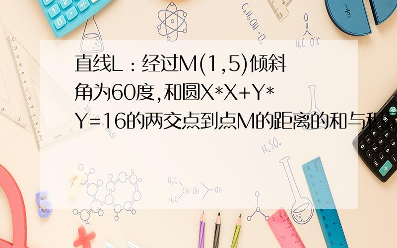 直线L：经过M(1,5)倾斜角为60度,和圆X*X+Y*Y=16的两交点到点M的距离的和与积是?