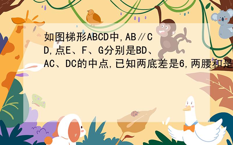 如图梯形ABCD中,AB∥CD,点E、F、G分别是BD、AC、DC的中点,已知两底差是6,两腰和是12,则△DFG的周长是