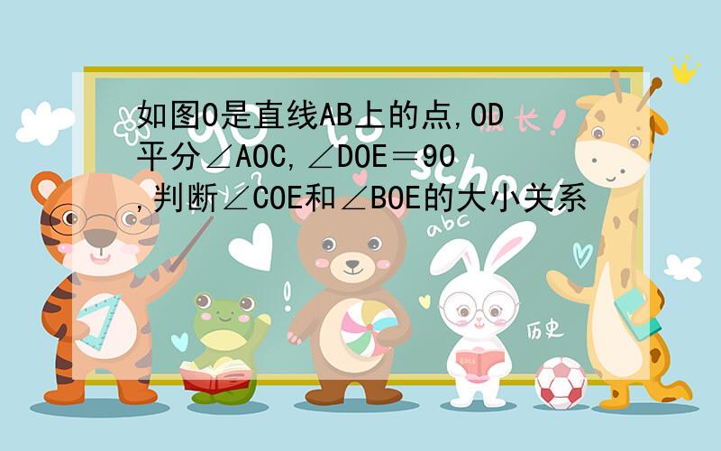 如图O是直线AB上的点,OD平分∠AOC,∠DOE＝90,判断∠COE和∠BOE的大小关系