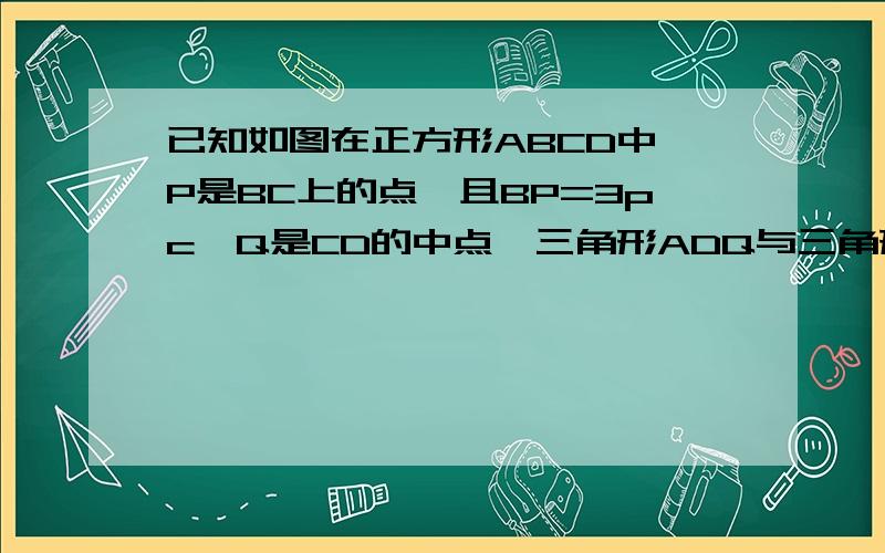 已知如图在正方形ABCD中,P是BC上的点,且BP=3pc,Q是CD的中点,三角形ADQ与三角形DCP是否相似?为什么?