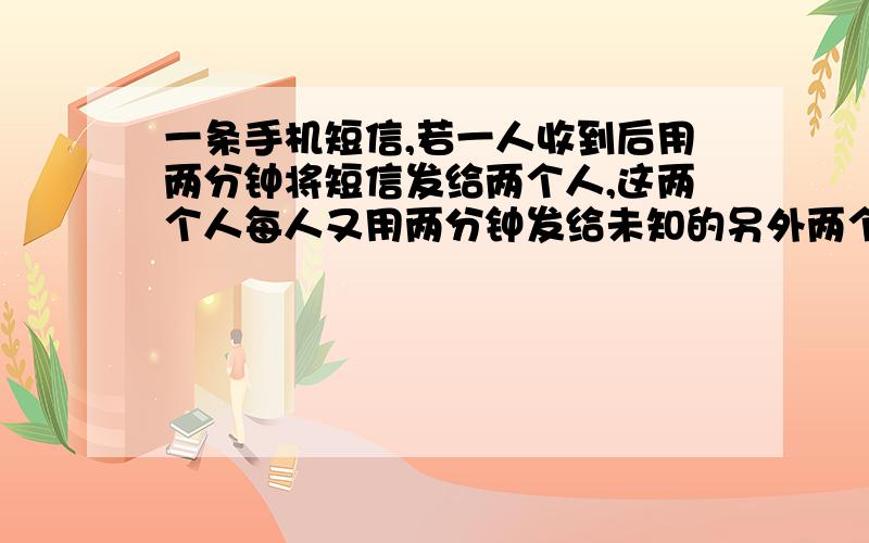 一条手机短信,若一人收到后用两分钟将短信发给两个人,这两个人每人又用两分钟发给未知的另外两个人,如此继续下去,一小时可传遍多少人